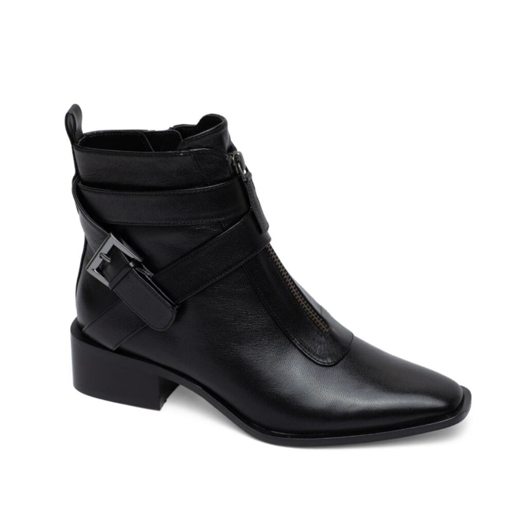 Linea Paolo Valona Ankle Boots Black Leather Size 7 NWOB Stack Heel Strappy